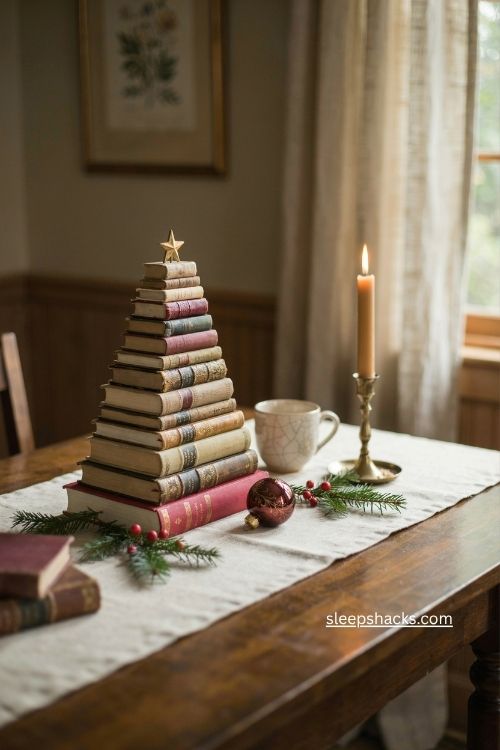 Themed mini tabletop book christmas tree with vintage novels and tiny star 