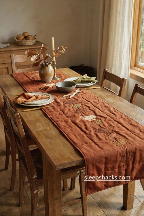 Thick quilted hot pad table runner with thanksgiving leaves and farmhouse dining decor 