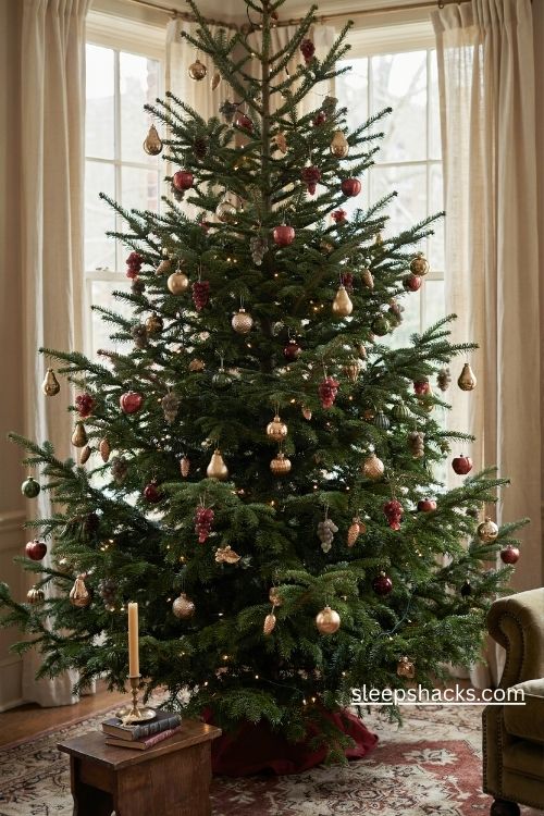 Thin blown glass fruit and vegetable Christmas ornaments with tiny antique pears apples grapes and pinecones on a Victorian tree
