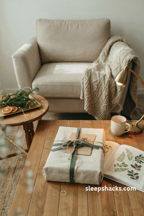 Thoughtful book Christmas present idea with a beautiful hardcover book ribbon bookmark brass reading light and cozy winter reading nook