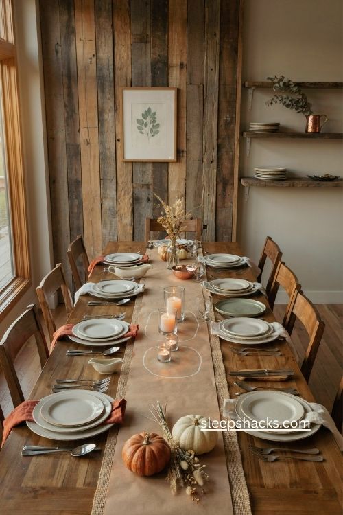Three height candle stack Thanksgiving table with butcher paper and cozy glow