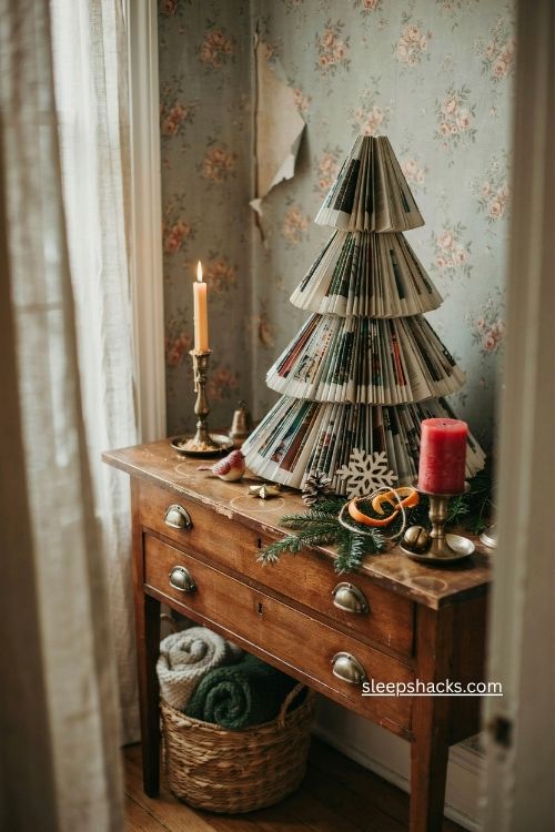 Three-tier stacked magazine christmas tree on a vintage sideboard 