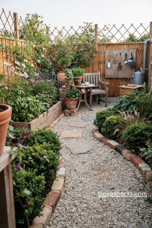 Three zone small garden layout with raised beds, cozy seating and organized storage