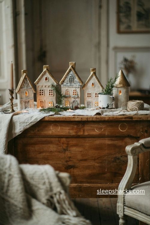 Thrifted and hand painted Christmas village houses in matte white cream and antique gold