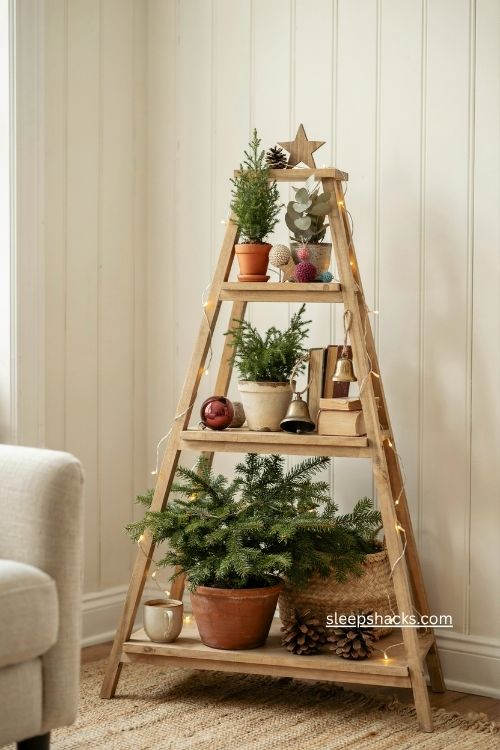 Tiered plant stand christmas tree with potted evergreens and rustic decor 