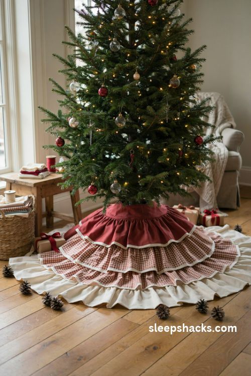 Tiered ruffle christmas tree skirt pattern with red gingham and ivory fabric layers