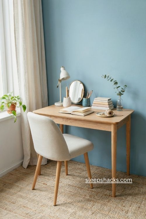 Tiffany blue home office with white desk cream rug and feminine decor