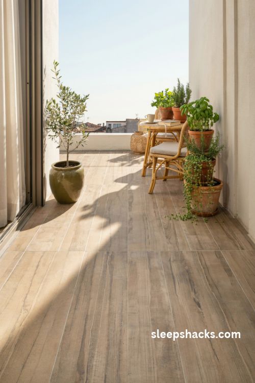 Tiles for balcony floor with warm wood look porcelain tiles and cozy potted plants