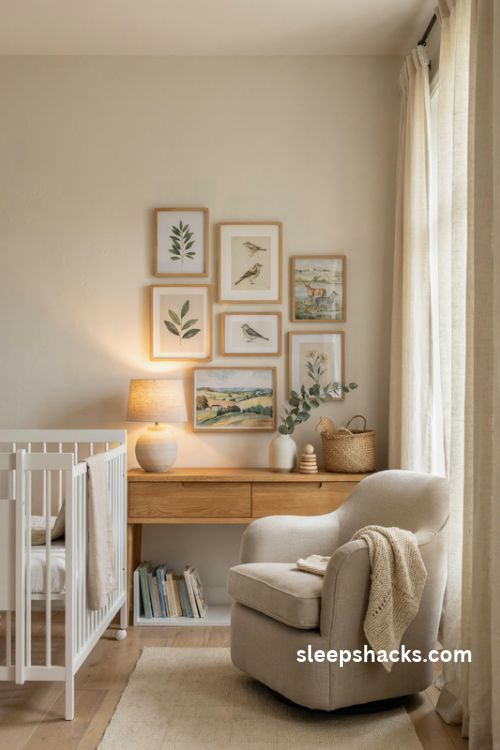 Timeless nursery gallery wall with botanical prints animal sketches and natural wood frames