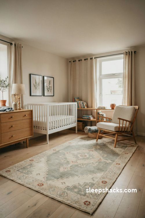 Timeless nursery with convertible white crib neutral walls and natural oak furniture