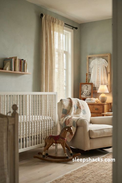 Timeless nursery with family heirlooms vintage rocking horse and sentimental quilt