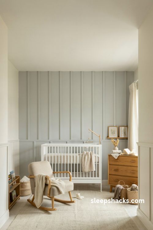 Timeless nursery with sage green board and batten walls white crib and natural wood accents