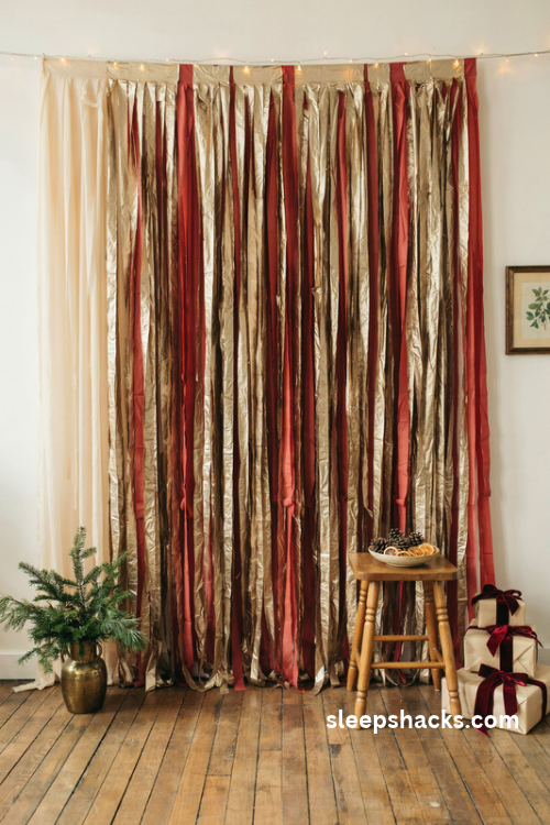 Tinsel fringe curtain christmas photo backdrop in gold and red for a festive party