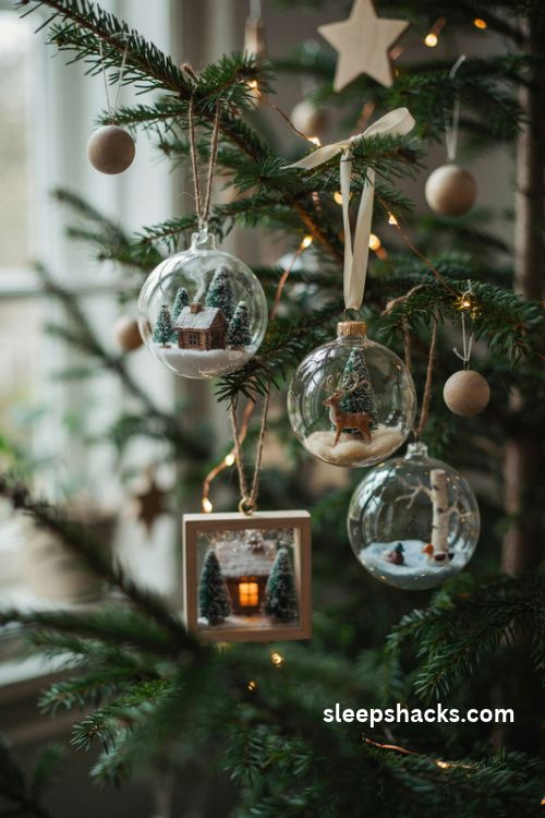 Tiny Christmas diorama ornaments with miniature snowy cabins, little reindeer, and bottle brush pine trees