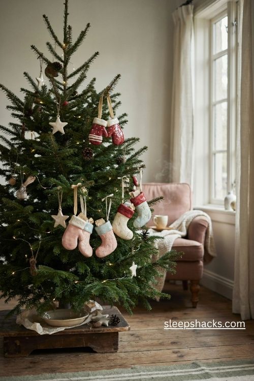Tiny ceramic christmas mitten and stocking ornaments in red white and pastel colors