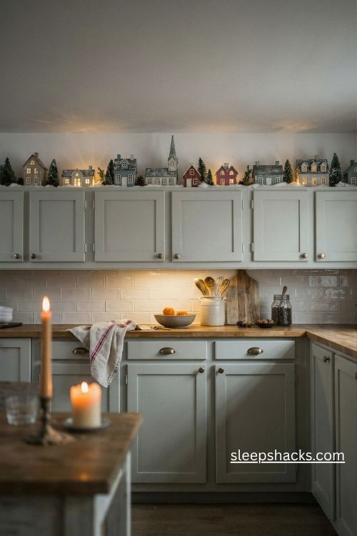 Tiny christmas village with glowing miniature houses snowy trees and church steeples above kitchen cabinets