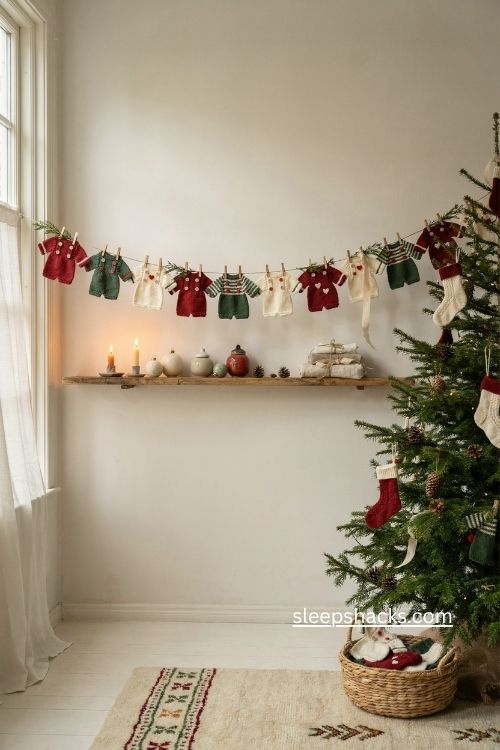 Tiny crochet Christmas jumper garland with red green and cream sweaters