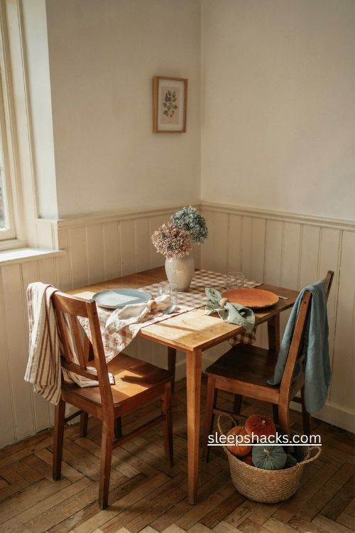 Tiny fall cottage dining nook with checked runner dried hydrangeas and pumpkins