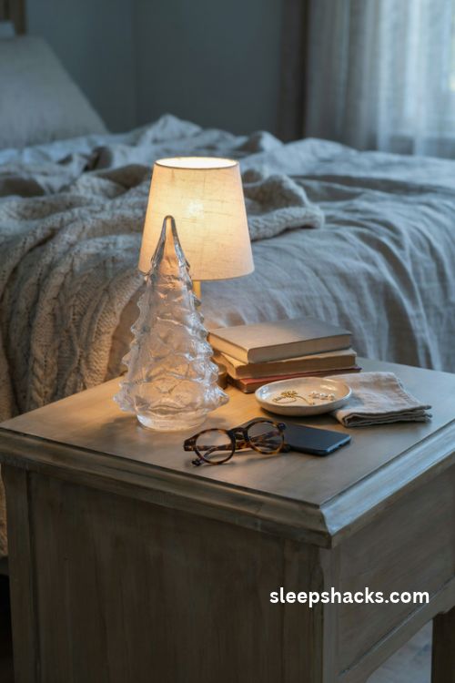 Tiny frosted glass christmas tree on a cozy bedside nightstand with warm lighting