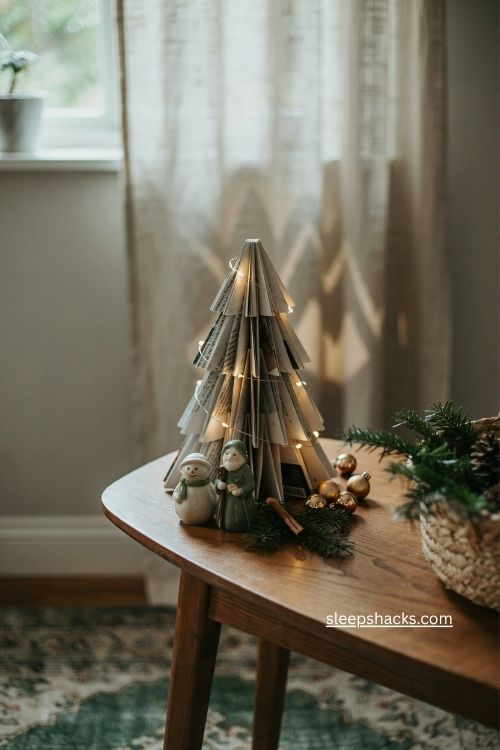 Tiny led light tree with glowing folded magazine pages 