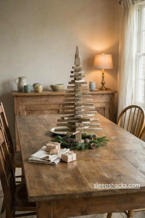 Tiny pallet wood tabletop christmas tree with twine topper and rustic farmhouse greenery 