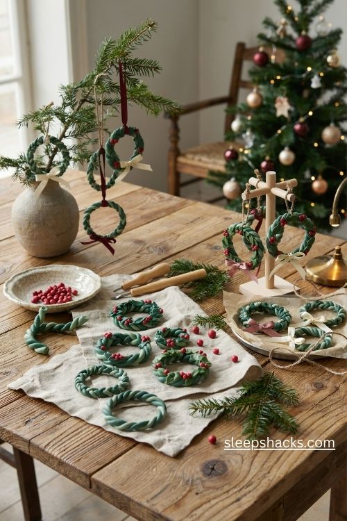 Tiny polymer clay christmas wreath ornaments with twisted green branches red berries and ribbon bows