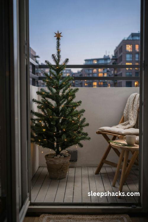 Tiny potted Christmas tree wrapped in warm copper wire fairy lights on a small balcony