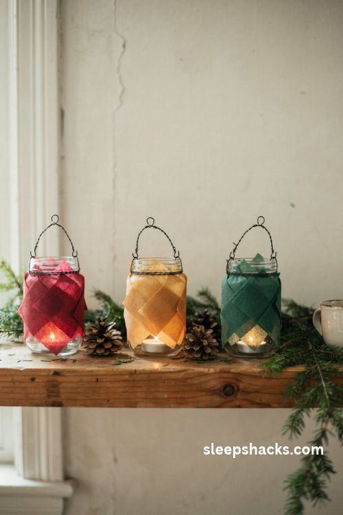 Tissue paper mason jar Christmas lanterns glowing in red amber and green with pine sprigs