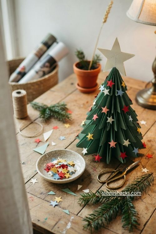 Tissue paper star decorations on a handmade magazine christmas tree 