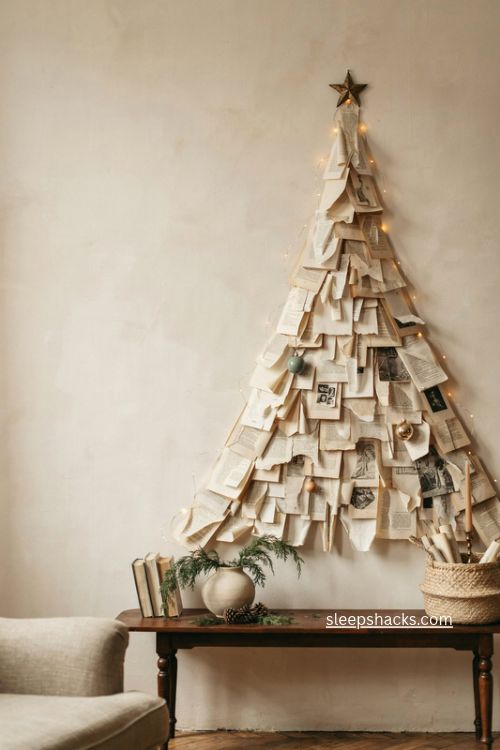 Torn page wall christmas tree with vintage book paper and warm lights 