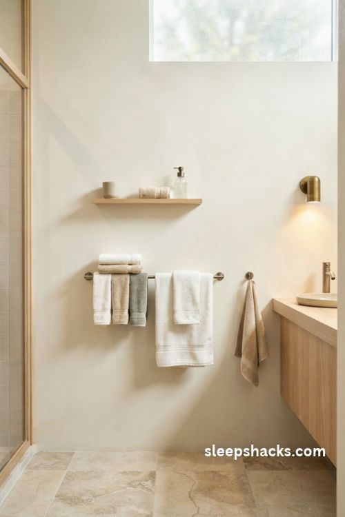 Towel rack bathroom ideas with neatly arranged cotton towels and warm natural decor