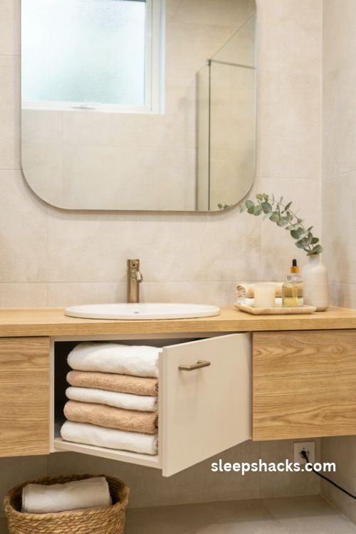 Towel warmer cabinet in a spa inspired bathroom with fluffy folded towels and natural oak vanity