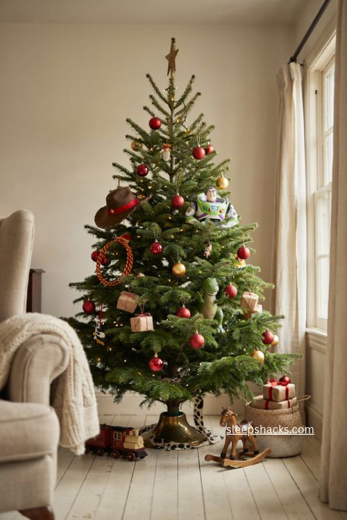 Toy story Christmas tree with Woody Jessie Buzz Lightyear ornaments and colorful Disney decor 