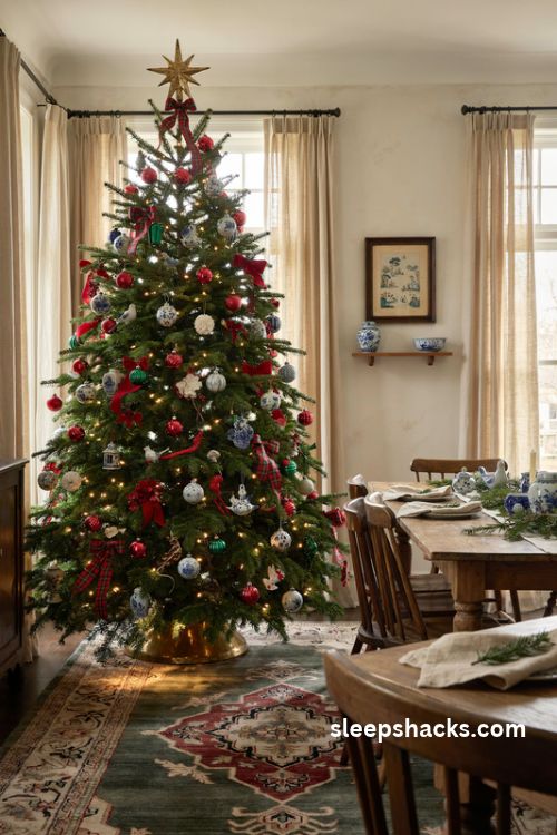 Traditional chinoiserie Christmas tree with blue and white ornaments red velvet bows and tartan ribbon