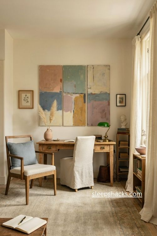 Traditional home office with colorful triptych artwork neutral walls and warm wood