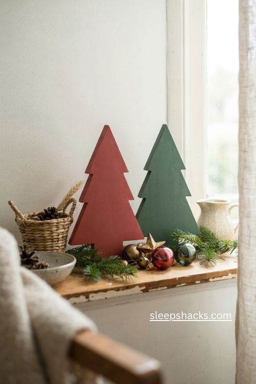 Traditional red and green wooden Christmas trees with vintage holiday decor