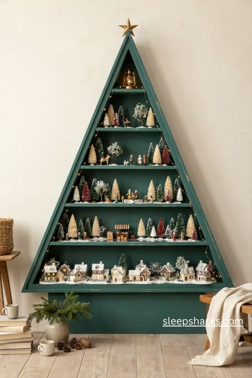 Tree shaped Christmas village shelf with snowy miniature houses skating pond and warm fairy lights