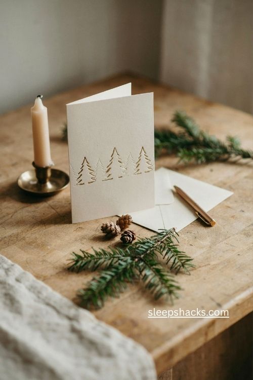 Trio of foil evergreen die cut Christmas card with layered trees