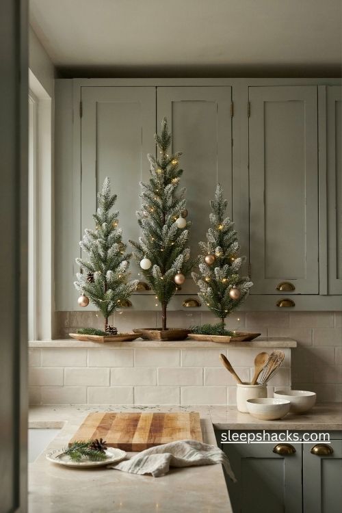 Trio of slim tabletop christmas trees in different heights decorating the tops of farmhouse kitchen cabinets