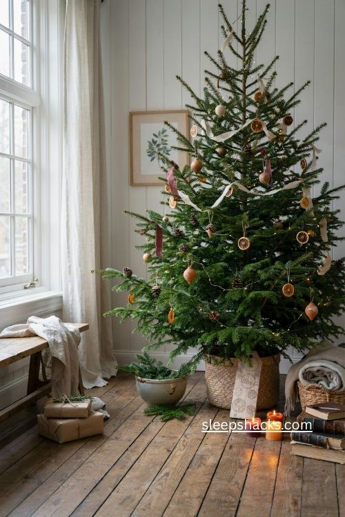 Trusted certified organic Christmas tree with natural farmhouse holiday decorations