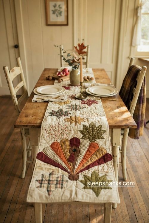 Turkey table runner with dresden plate tail maple leaves and thanksgiving quilt decor 