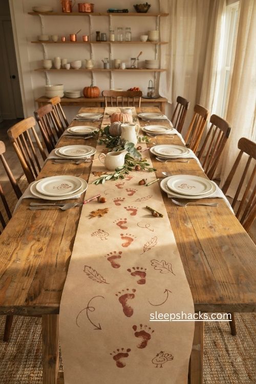 Turkey trail Thanksgiving table with butcher paper footprints feathers and acorns