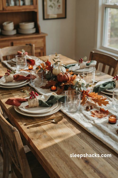 Twine and berry napkin rings with cream linen napkins for rustic Thanksgiving table settings