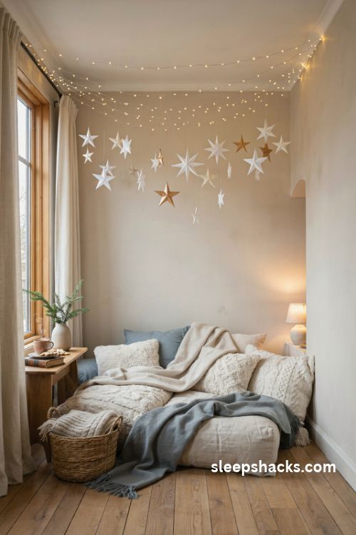 Twinkling Christmas star canopy with warm fairy lights hanging paper stars cozy floor cushions and a dreamy reading nook