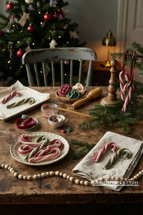 Twisted polymer clay candy cane christmas ornaments in red white green and pink