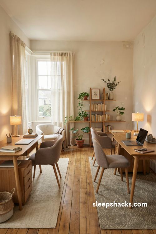 Two desks facing each other home office layout with separate workspaces and cozy neutral decor