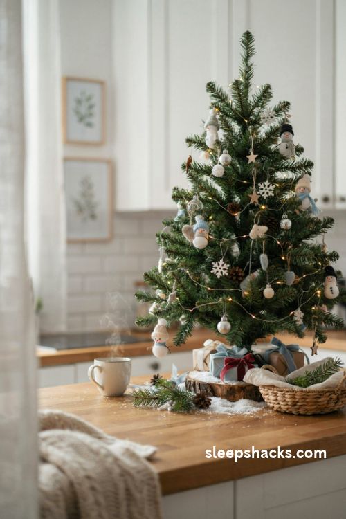 Two foot tabletop snowman Christmas tree with mini ornaments white lights and faux snow