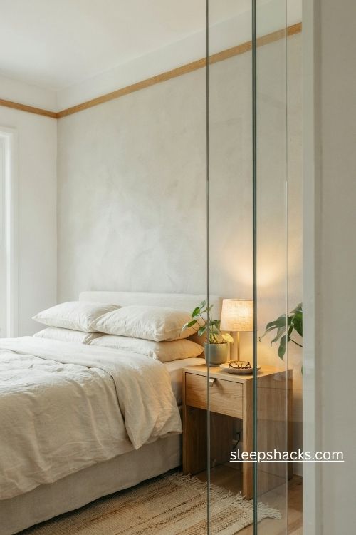 Two frameless mirror panels beside a bed in a small neutral bedroom with a glowing bedside lamp