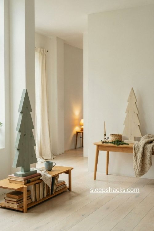 Two matching DIY wooden Christmas trees in different home displays