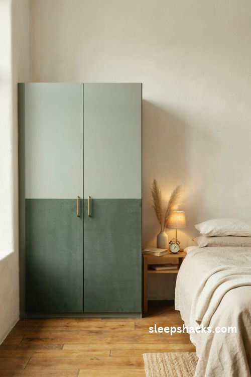 Two tone bedroom wardrobe with matte forest green doors light upper cabinets and warm brass handles